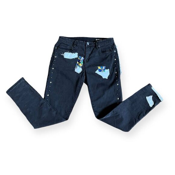 Upcycled Skinny Jeans Dark Wash Reworked Grunge Concert Grateful Dead Bears 28 - Picture 6 of 13